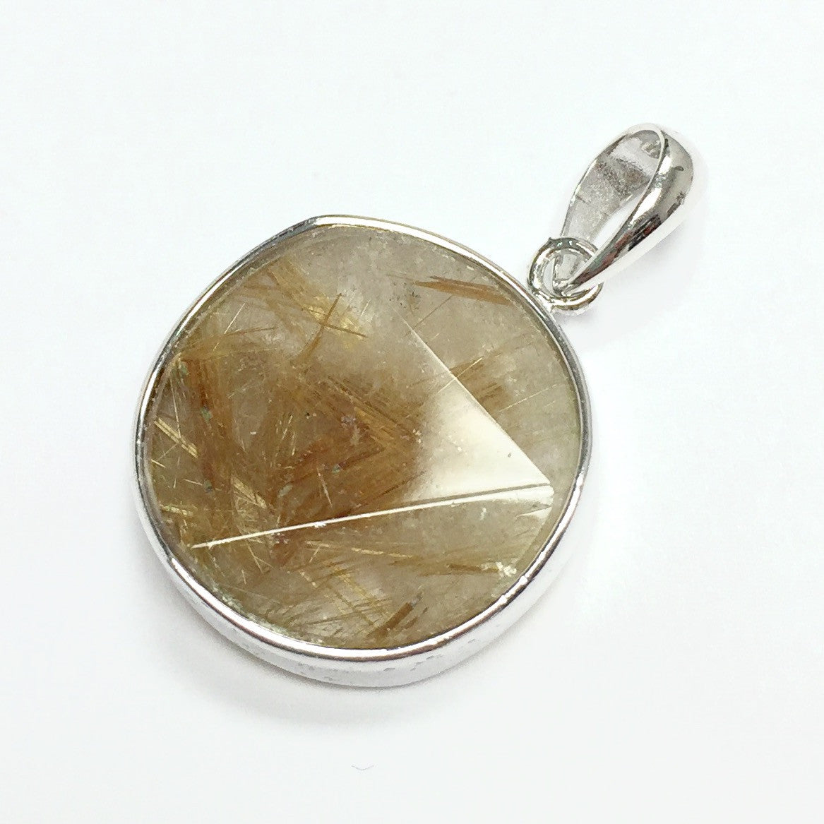 Faceted Gold Rutilated Quartz & Sterling Silver Bezel Pendant 18mm