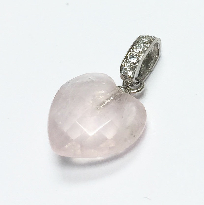 Faceted Rose Quartz Heart Pendant with CZs-12mm