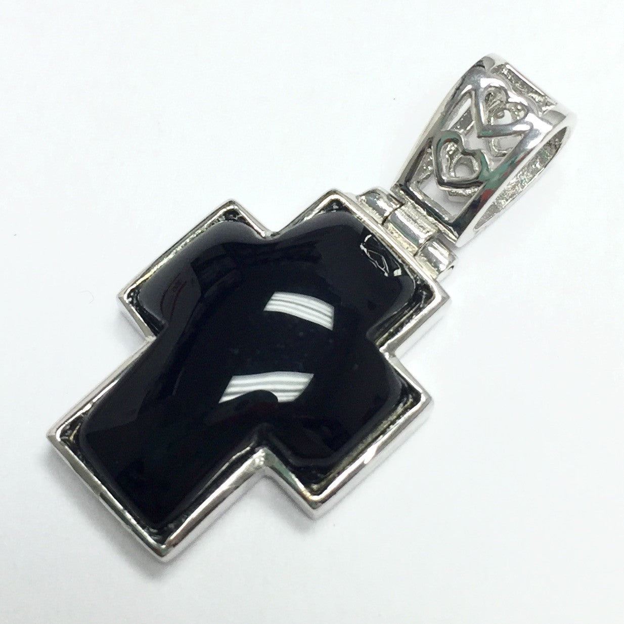 Black Agate Cross Pendant with Heart Bail 12 x 16mm