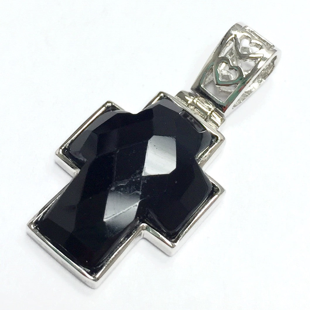 Faceted Black Agate Cross Pendant with Heart Bail 12 x 16mm
