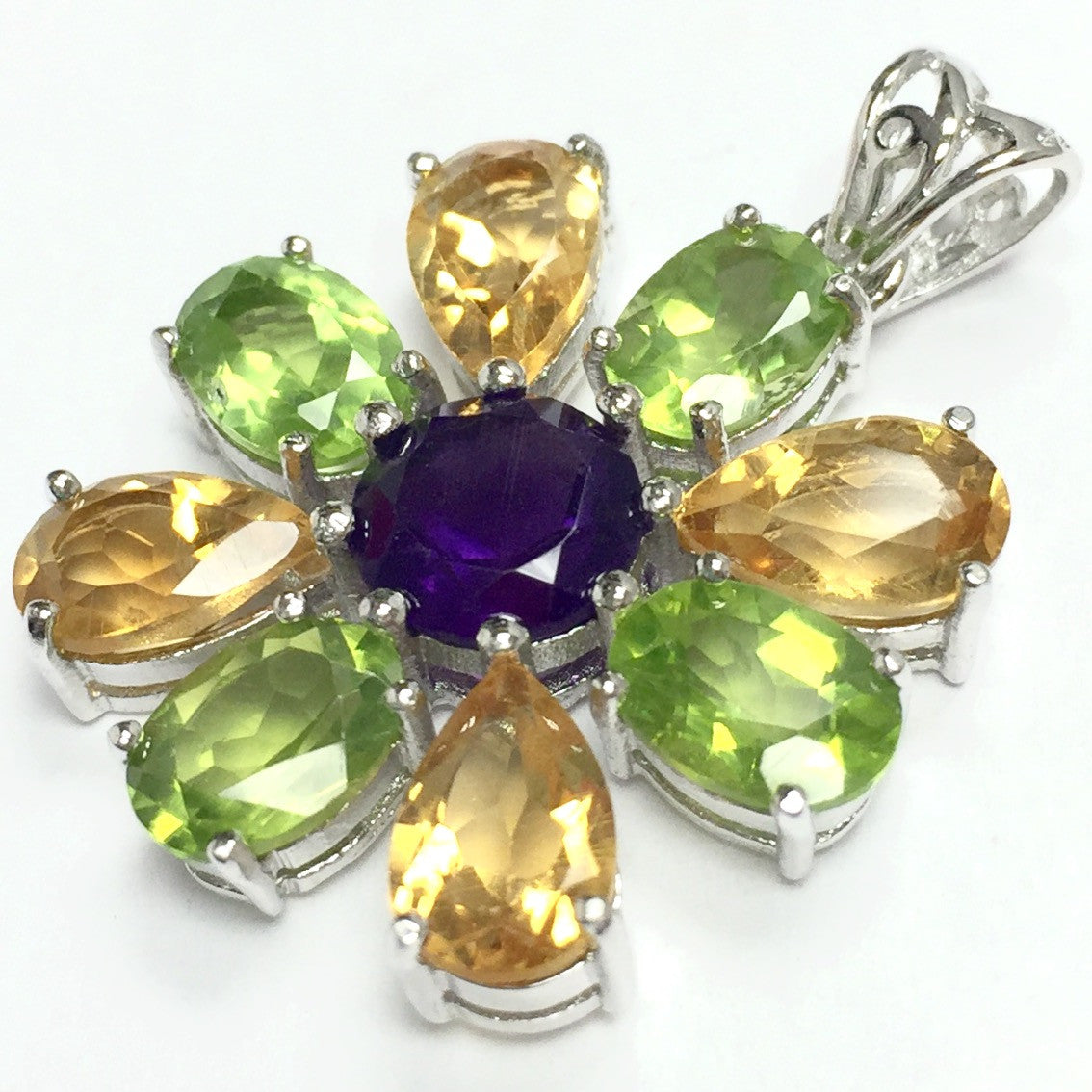 Amethyst Peridot & Citrine Flower Pendant 22mm AA Grade