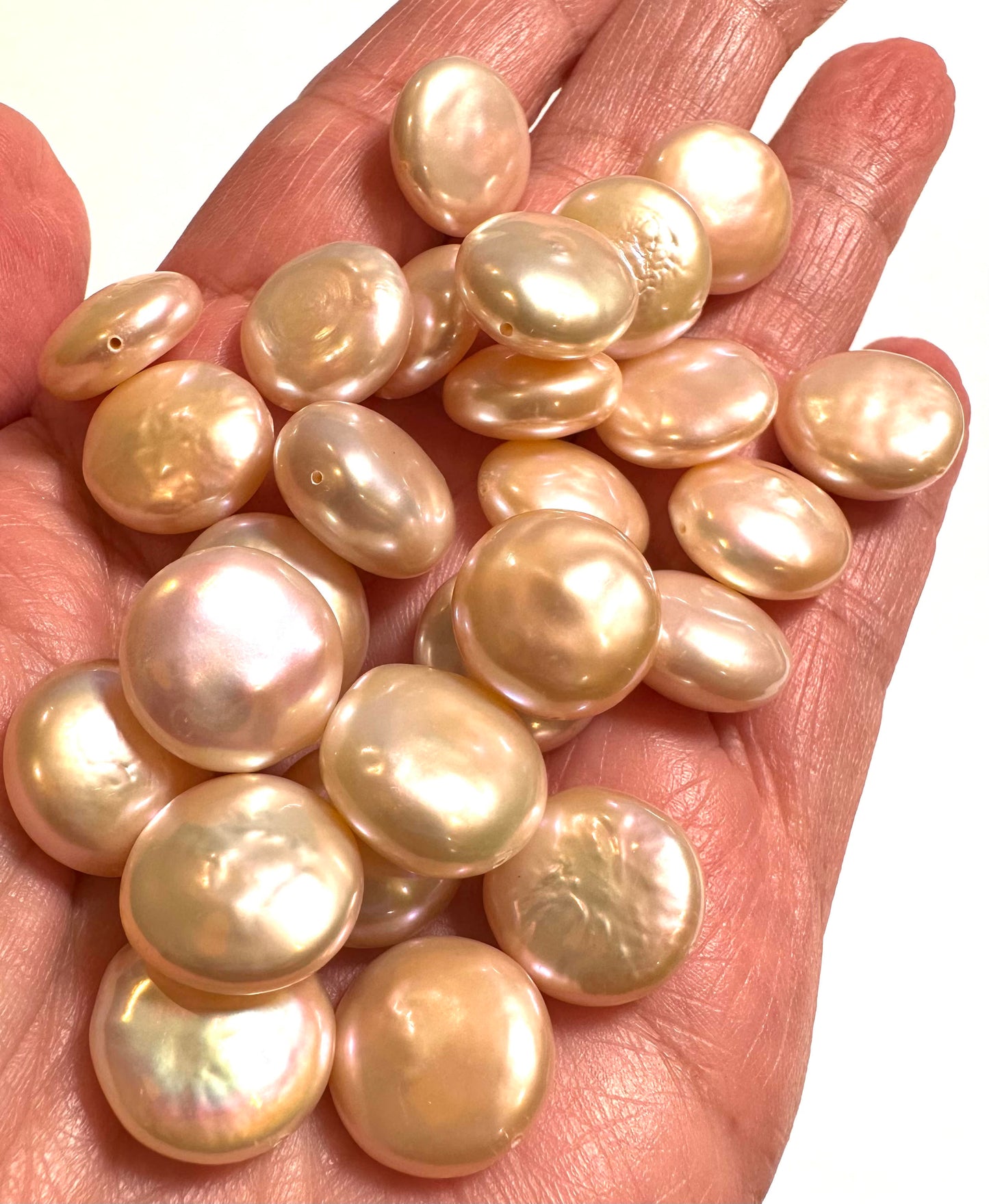Peachy Pink Coin Pearls – 14–15mm – One of a Kind – PB7853