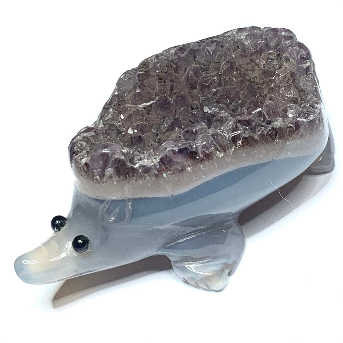 One of a Kind Carved Agate Hedgehog with Amethyst Crystals-3 x 1 3/4 x 1 1/2" (NC4628)