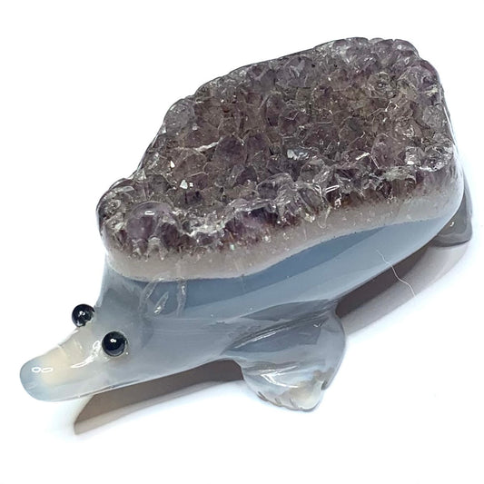 One of a Kind Carved Agate Hedgehog with Amethyst Crystals-3 x 1 3/4 x 1 1/2" (NC4628)