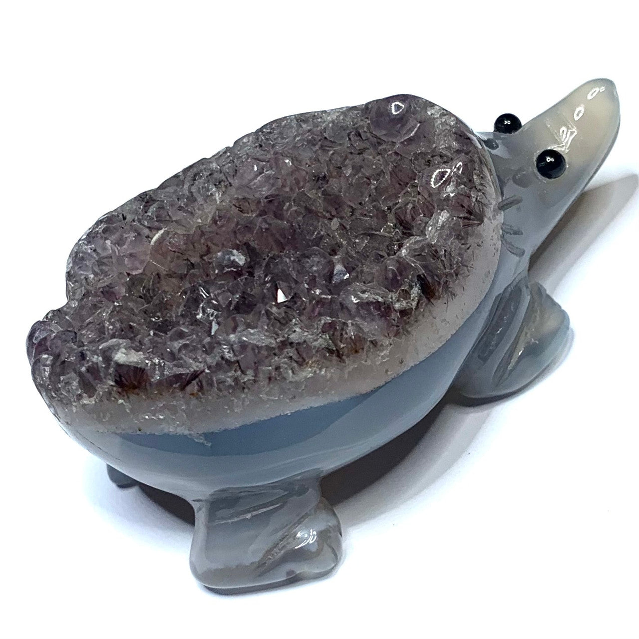 One of a Kind Carved Agate Hedgehog with Amethyst Crystals-3 x 1 3/4 x 1 1/2" (NC4628)