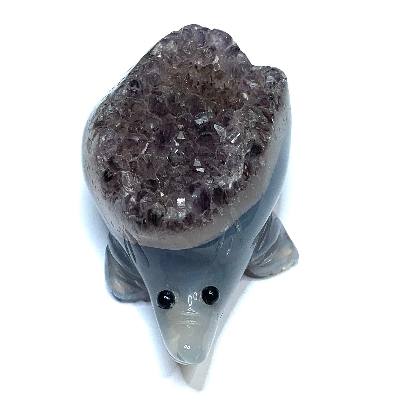 One of a Kind Carved Agate Hedgehog with Amethyst Crystals-3 x 1 3/4 x 1 1/2" (NC4628)