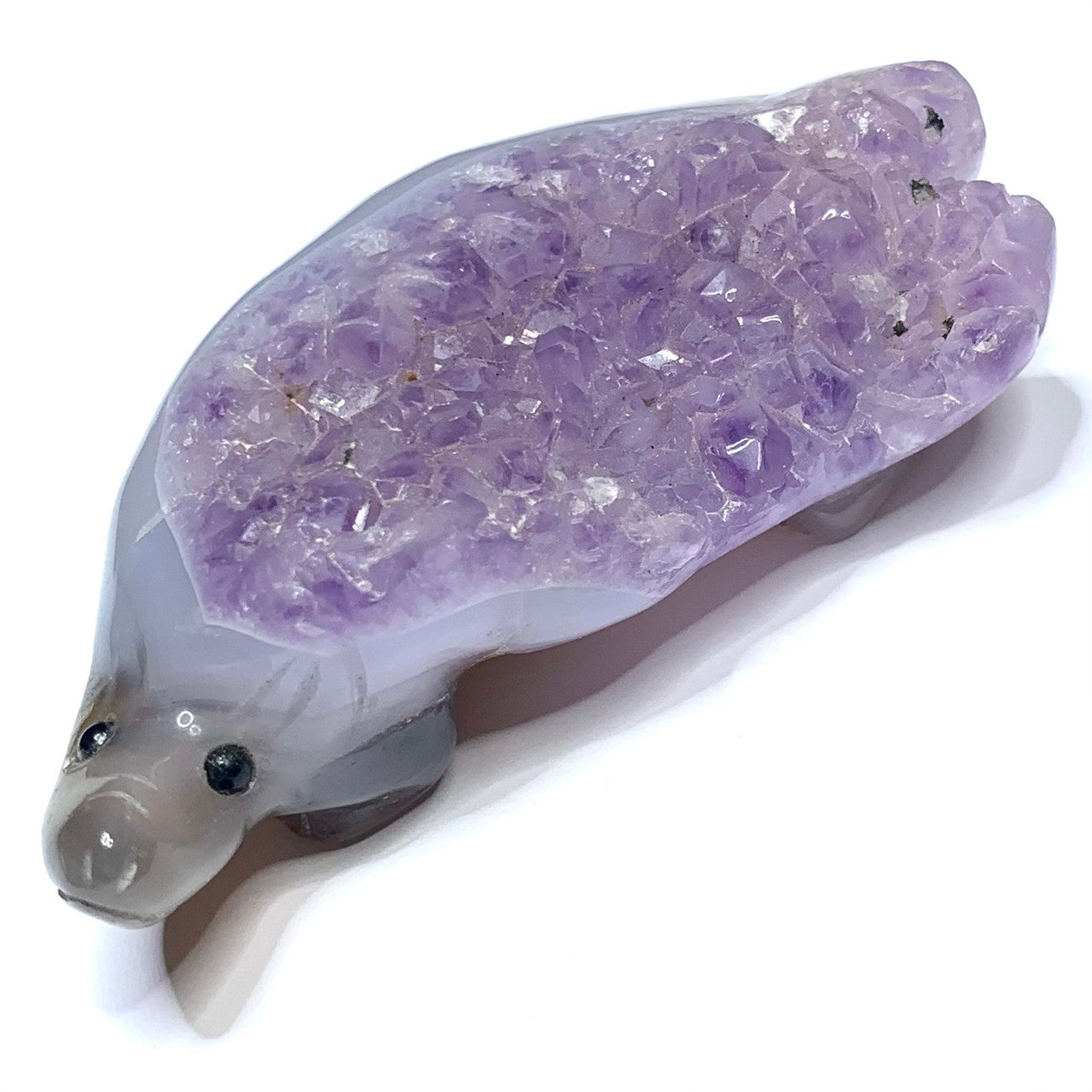 One of a Kind Carved Agate Hedgehog with Amethyst Crystals-3 1/4 x 1 3/4 x 1" (NC4627)