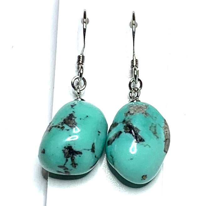 Turquoise Tumbled Stone and Sterling Silver Dangle Earrings-AB+ Grade-15mm avg. (SP3347)