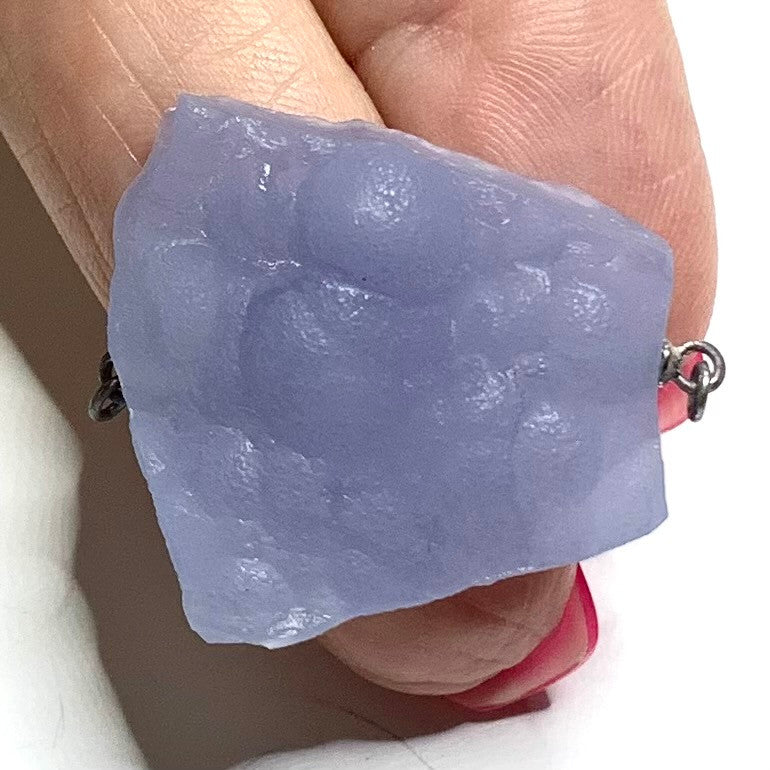 One of a Kind Blue Chalcedony Druzy Rough Cut Pendant with Sterling Silver Links-AAA Grade-28 x 26mm-P3429