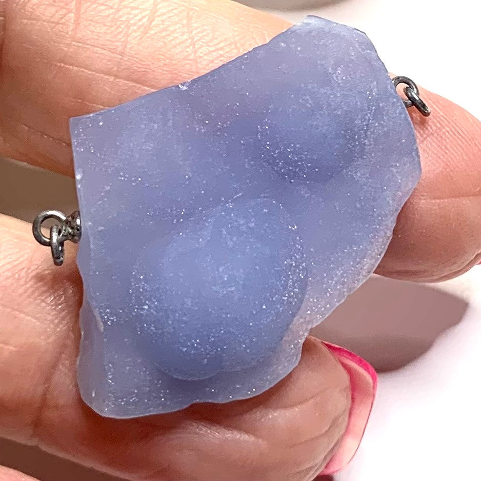 One of a Kind Blue Chalcedony Druzy Rough Cut Pendant with Sterling Silver Links-AAA Grade-30 x 25mm-P3430