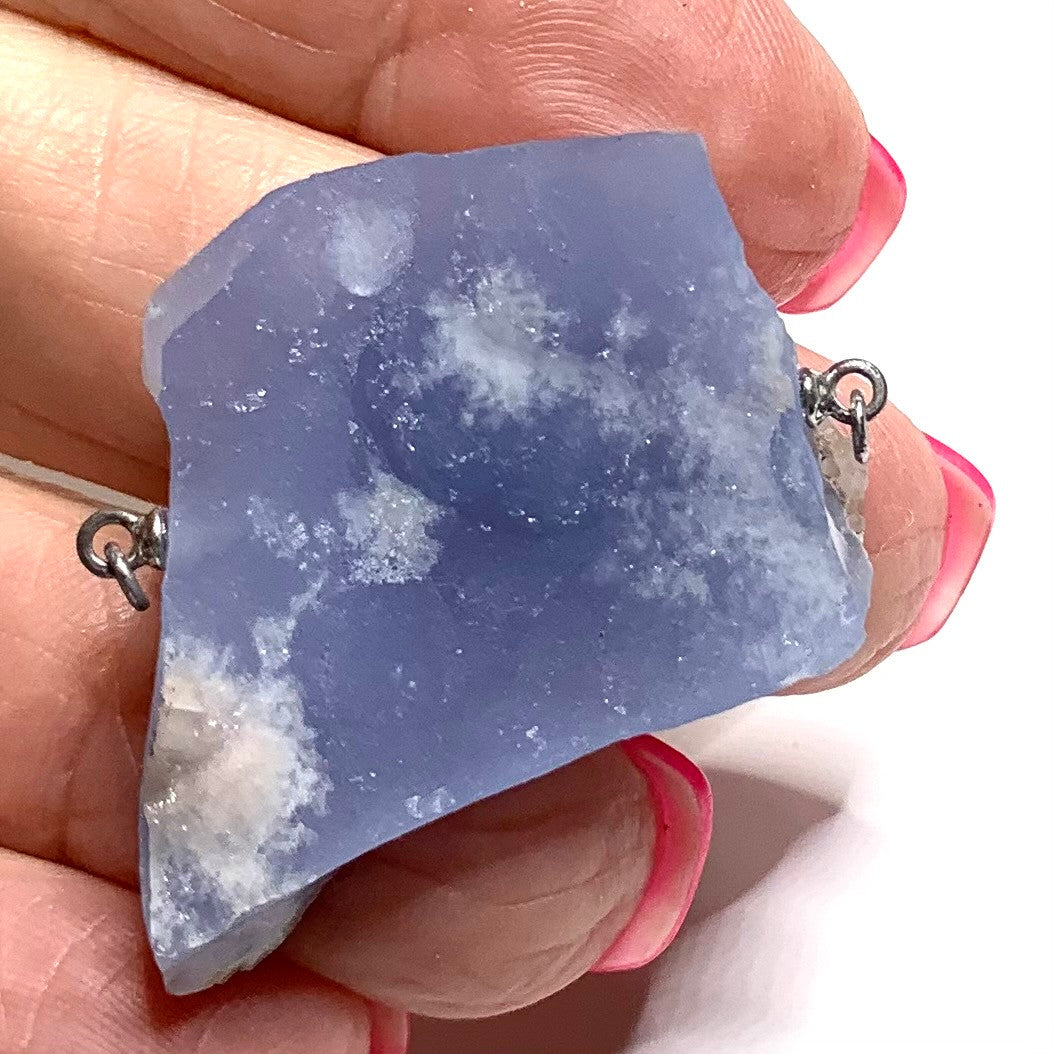 One of a Kind Blue Chalcedony Druzy Rough Cut Pendant with Sterling Silver Links-AAA Grade-32 x 28mm-P3432