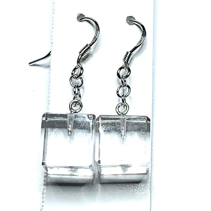 Rock Crystal Square Cube Dangle Earrings with Sterling Silver Ear Wires-A Grade-10mm (SP3453)