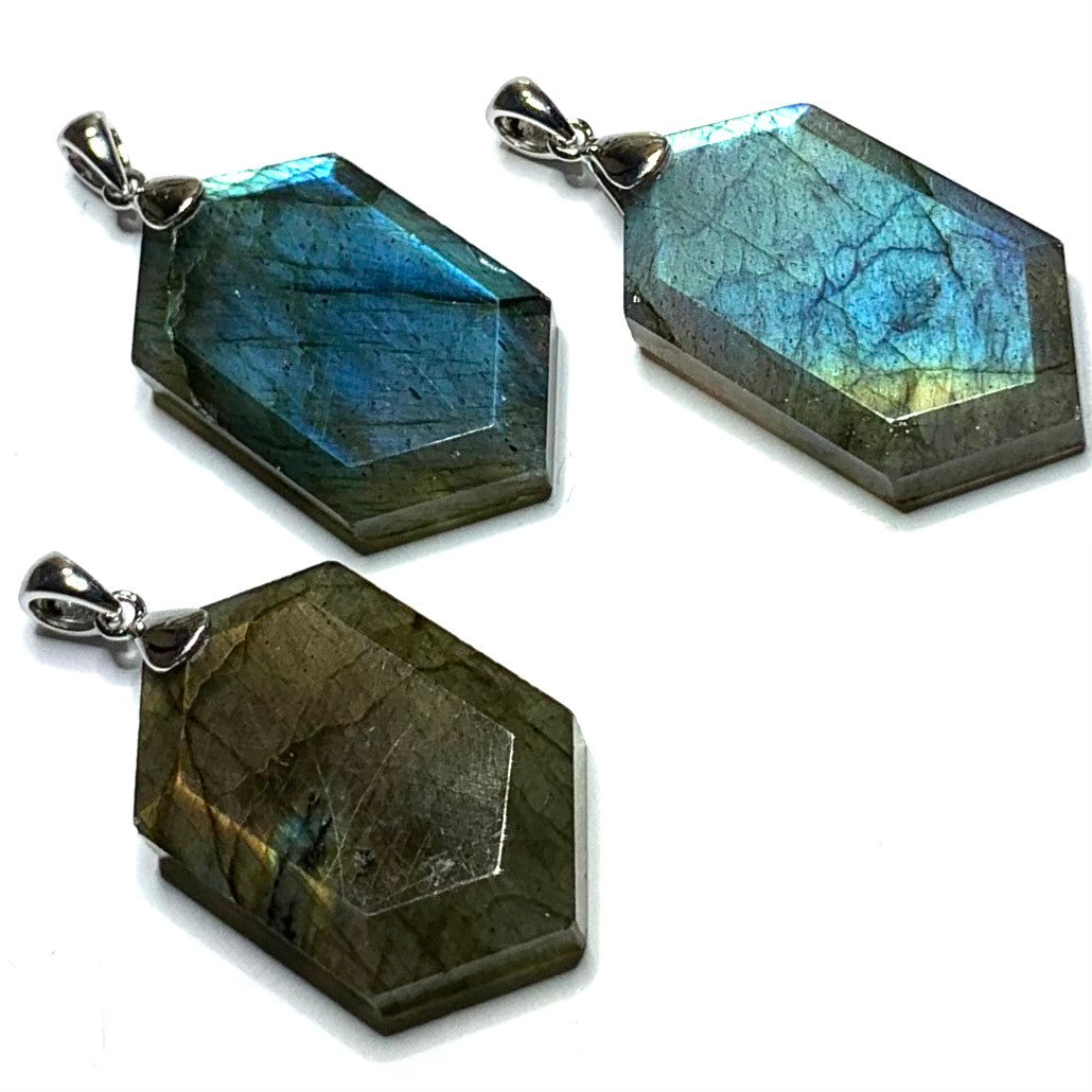 Labradorite Beveled Edge Hexagonal Pendant with Sterling Silver Bail-AAA Grade-30-36mm (P3459)