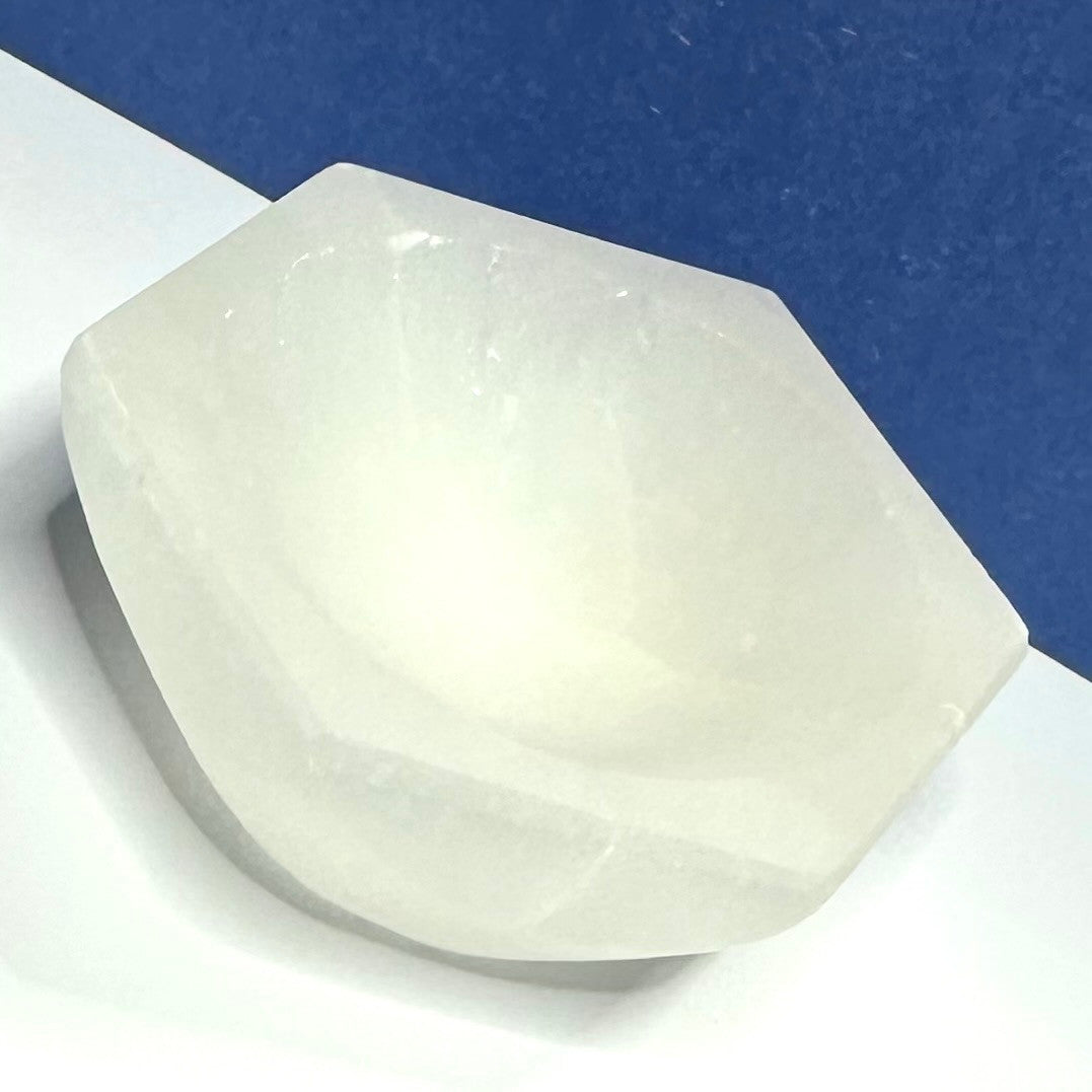 Hand Carved Selenite Stone Hex Bowl-3 x 3/4" (NC5241)