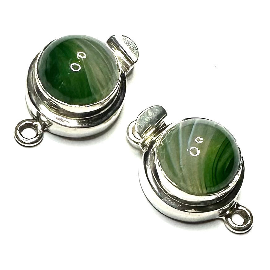 Sterling Silver Clasps Set with Vintage German Green Marbled Cabochons-Set of 2-18mm