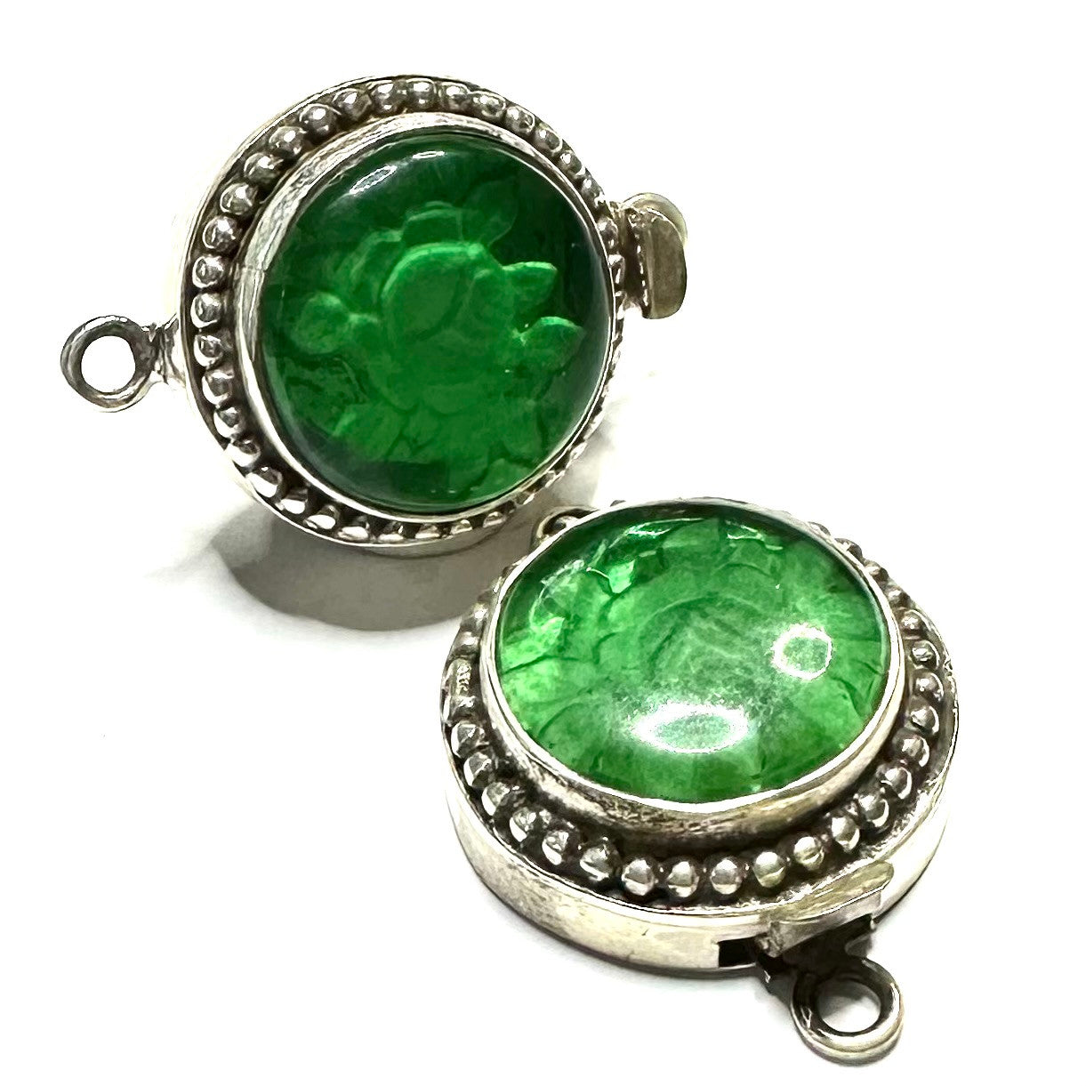 Sterling Silver Clasps Set with Vintage Green Rose GardenCabochons-Set of 2-21mm