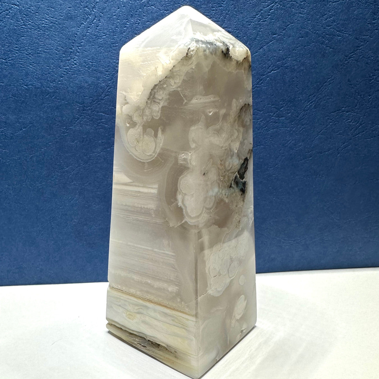 One of a Kind Black Snow Flower Agate with Druzy Stone Tower-3 3/4 x 1 1/2"