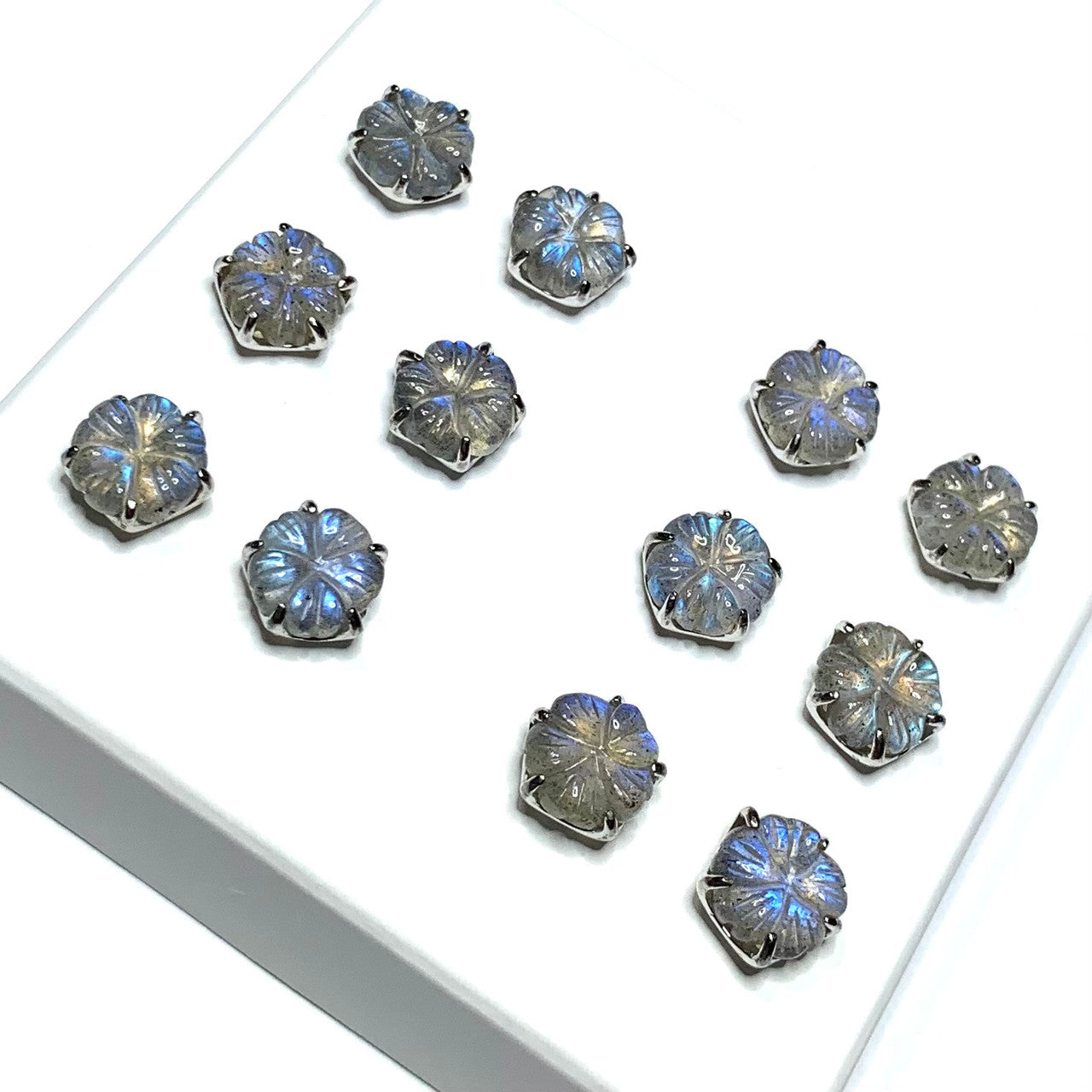 Labradorite and Sterling Silver Prong Set Carved Flower Stud Earrings-AA Grade-8-9mm