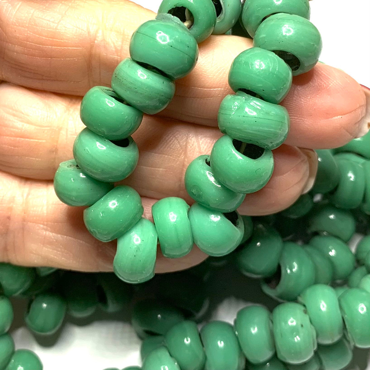 RARE-Handmade Spun Glass Green Large Hole Beads-10 x 6mm Avg. (GB3613)