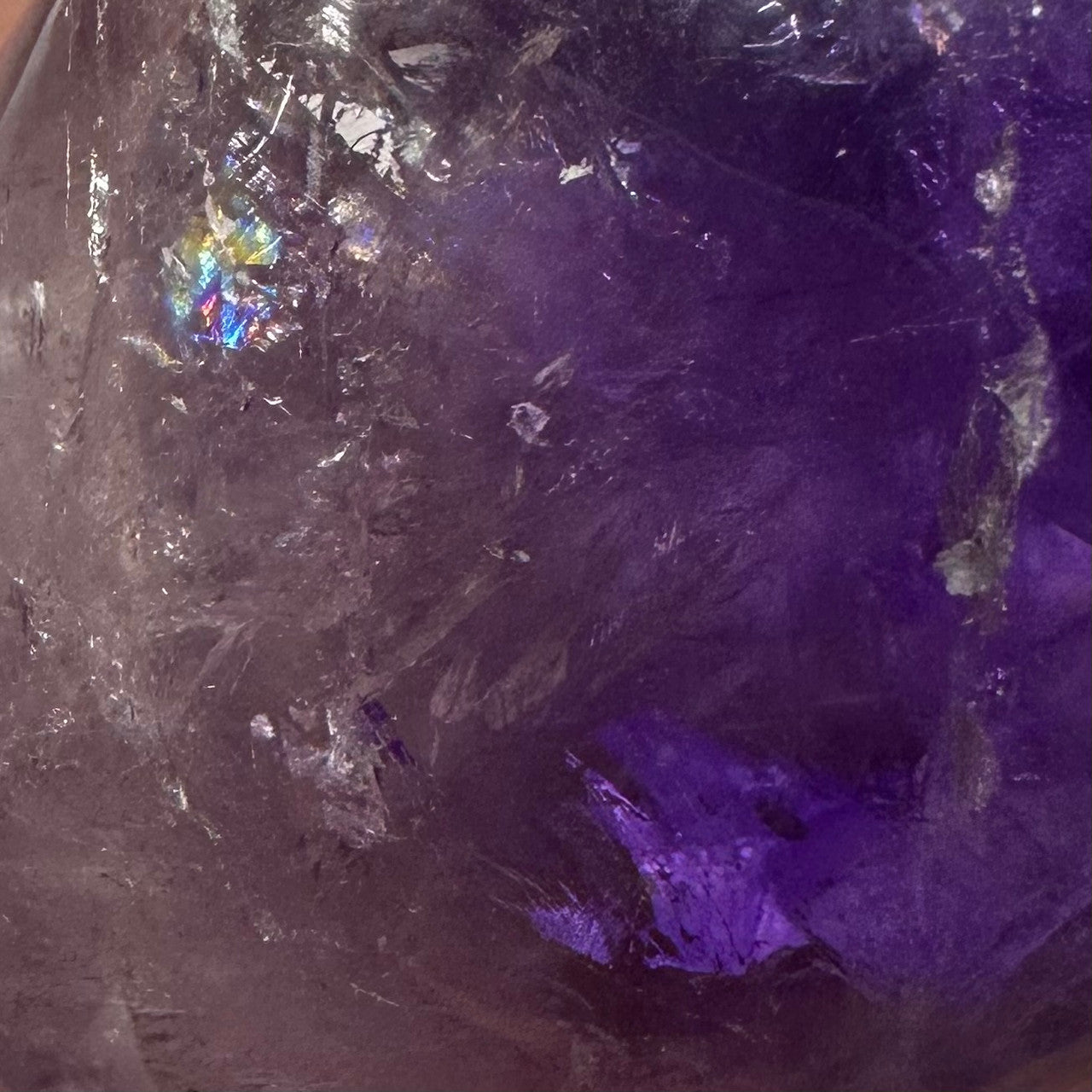 One of a Kind Amethyst with Rainbow Inclusions Palm Stone-2 1/4 x 1 1/2"