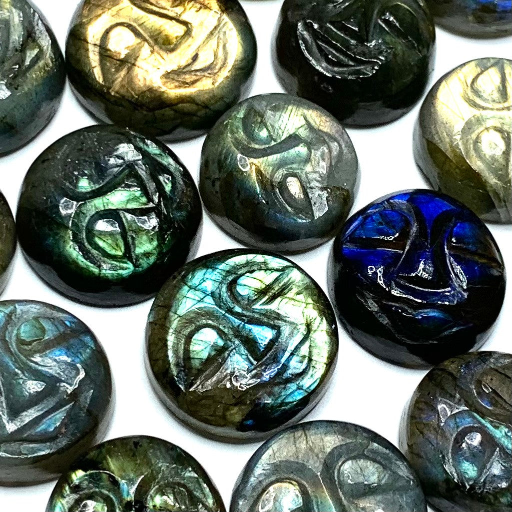 Hand Carved Labradorite Man in the Moon Face Cabochons-15mm Avg. (CAB3627)