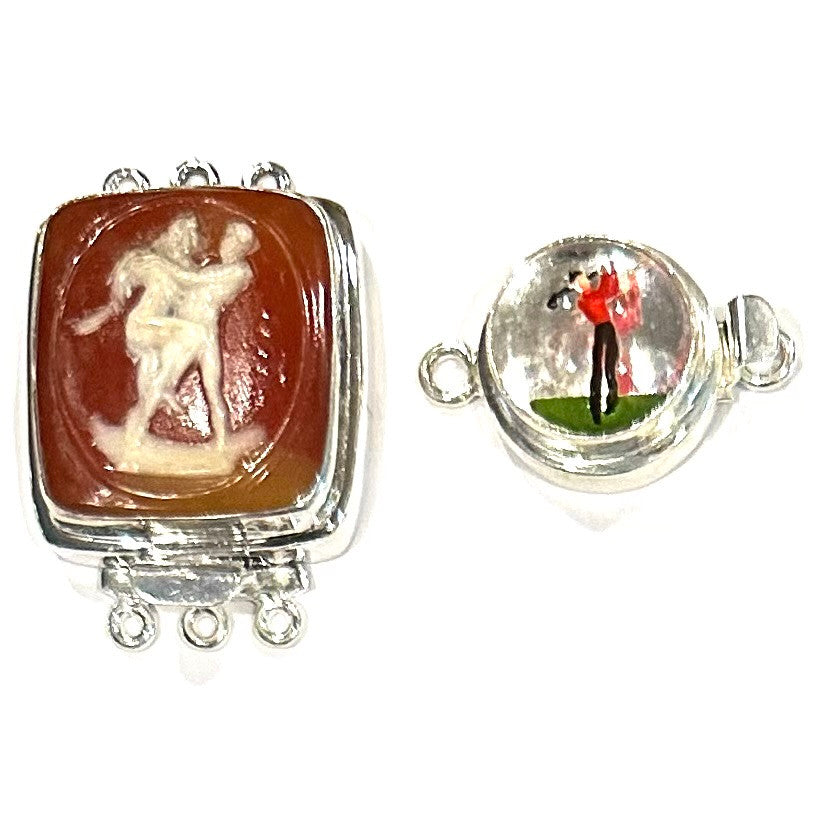 Sterling Silver "Naughty" Cameo & "The Golfer" Vintage Clasp Lots-2 Clasps-29 x 27mm & 19mm