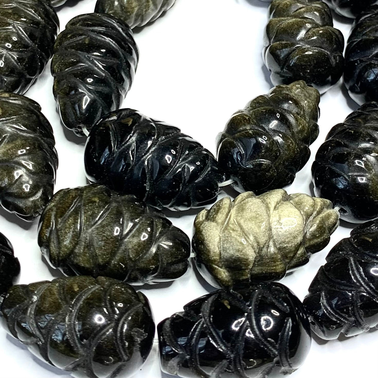Golden Sheen Obsidian Hand Carved Pinecone Beads-24 x 16mm-AAA Grade (SP3855)