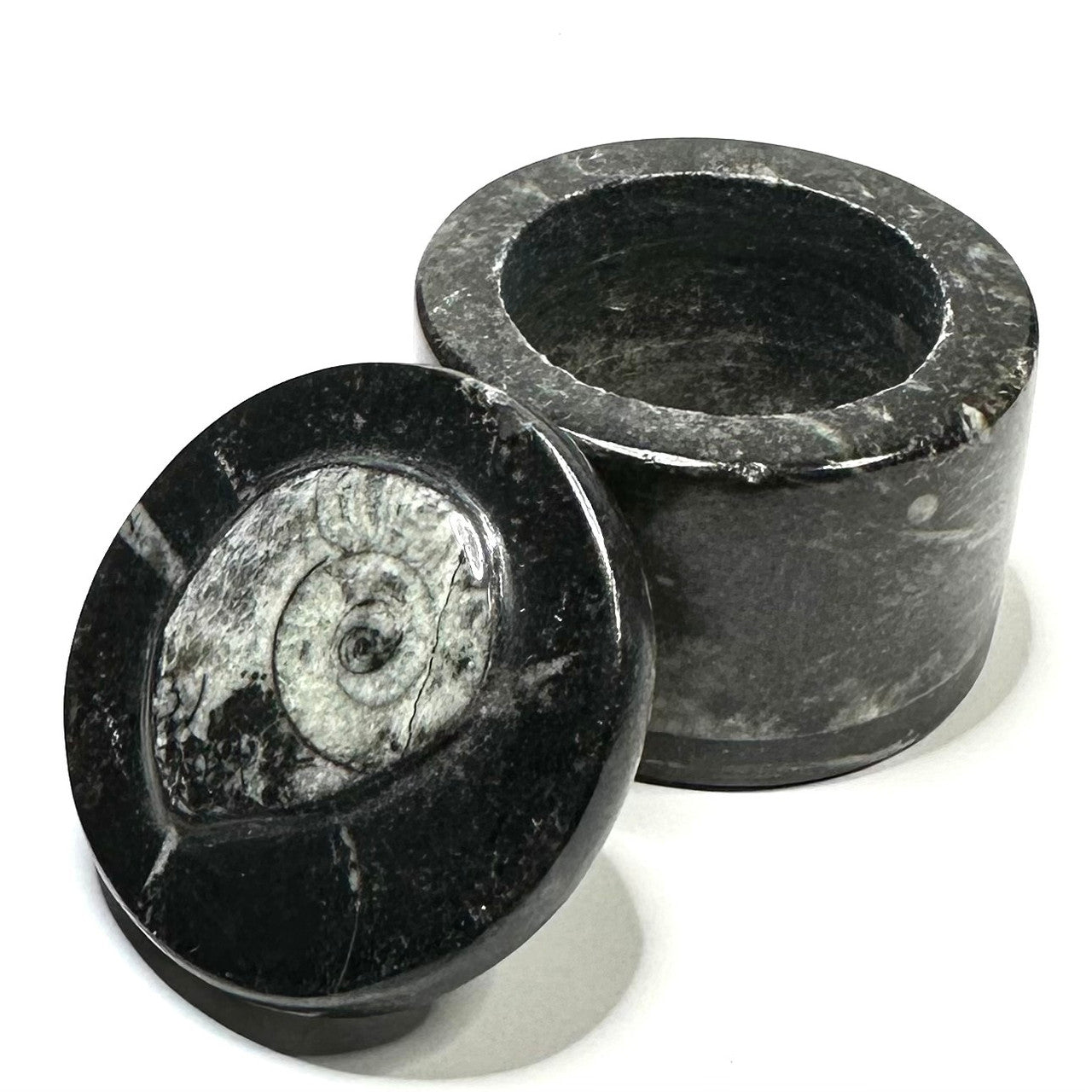 One of a Kind Orthoceras Carved Stone Jar-1 1/2 x 1 3/4"-NC5660 (NC5659)