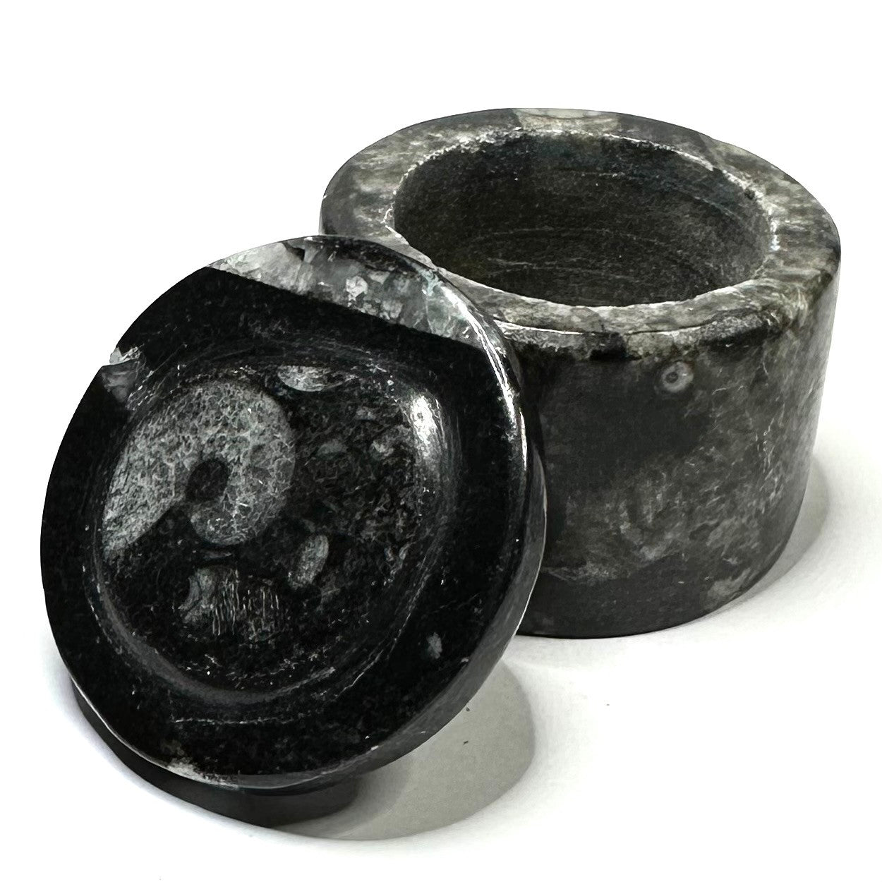 One of a Kind Orthoceras Carved Stone Jar-1 1/2 x 1 3/4"-NC5661 (NC5660)