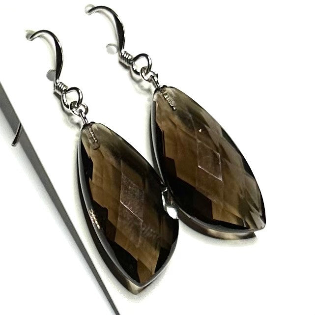 Faceted Smokey Quartz and Sterling Silver Dangle Earrings-A Grade-25 x 12 x 7mm