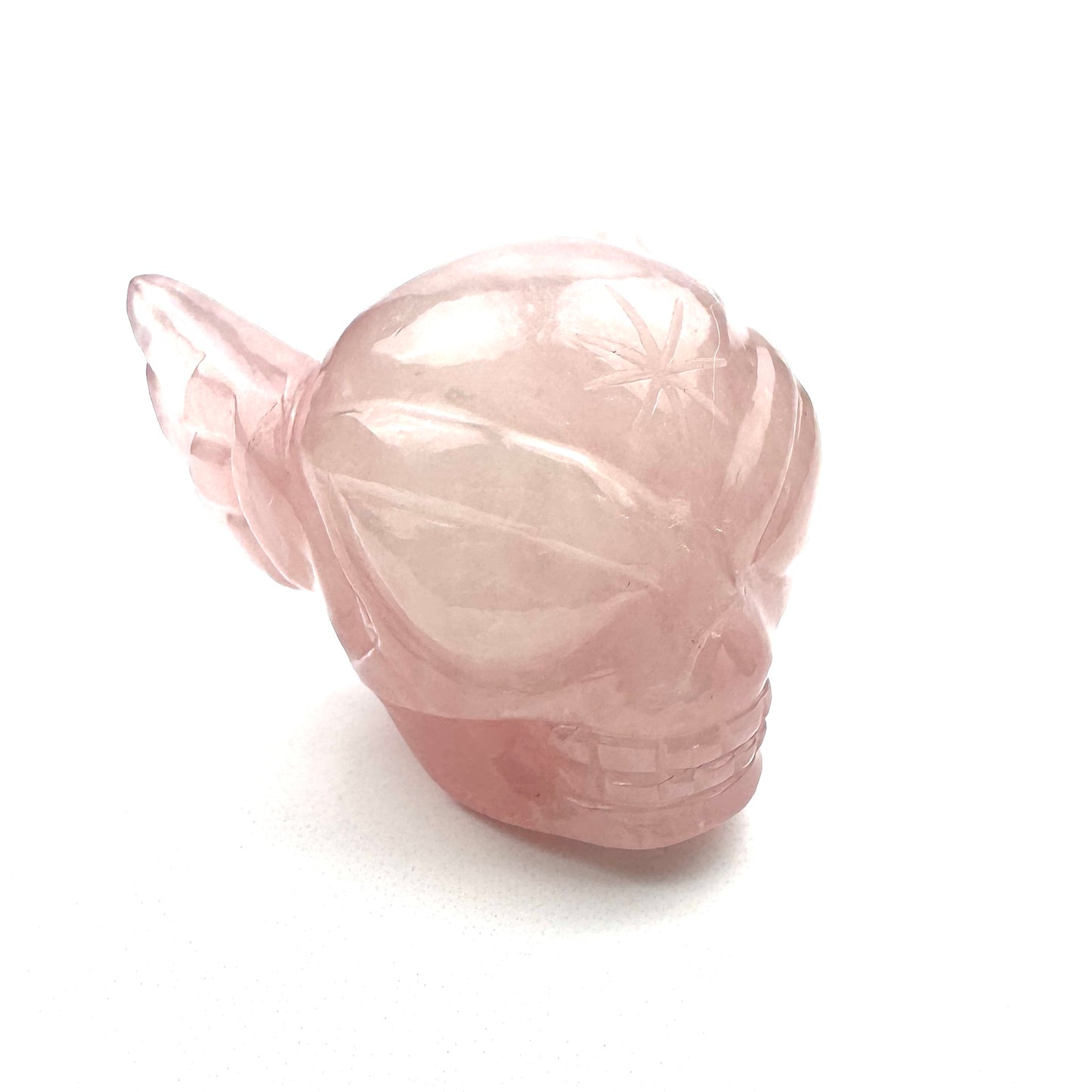 Master Carved Rose Quartz Cosmic Angel Skull #666 1 1/2 v 1 1/4" - NC7674