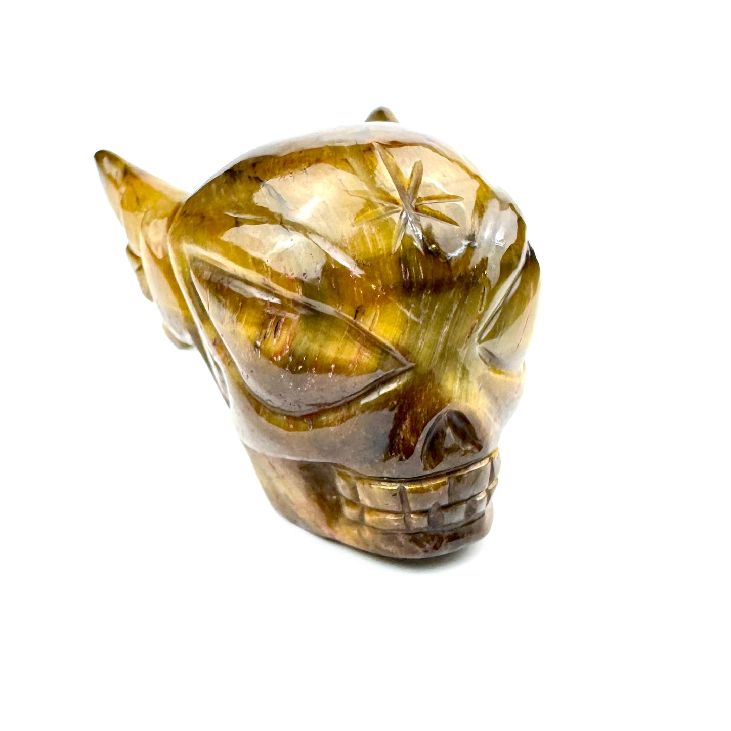 Master Carved Tiger Eye Cosmic Angel Skull #888 1 1/4 x 1 1/2" - NC7671