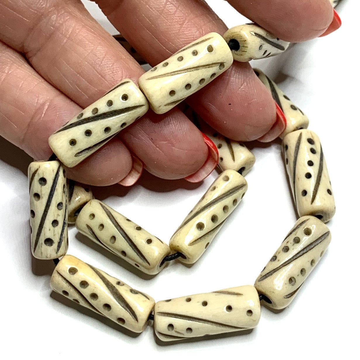 Hand Carved Bone Cylinder Beads 18 x 8mm avg. (B3331)