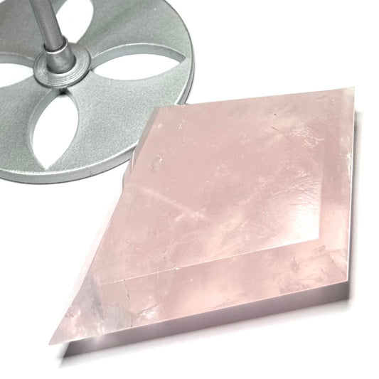 One of a Kind Faceted Rose Quartz Diamond with Rainbow Inclusions on a Stand-8"-NC7150