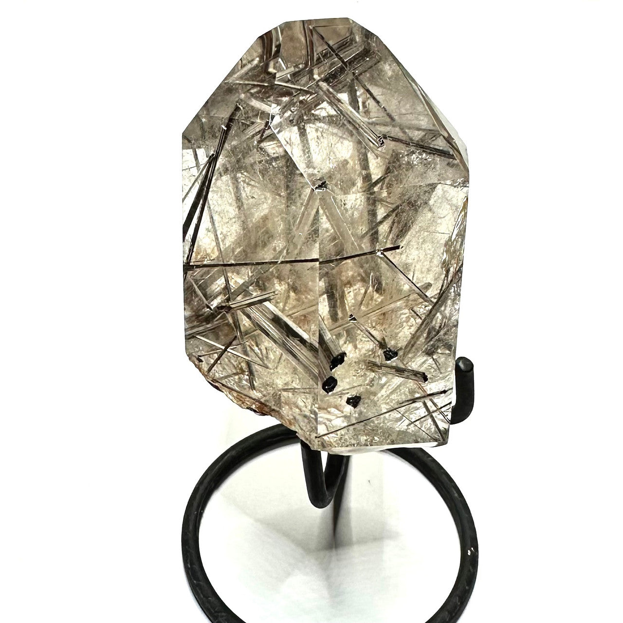 Silver Rutile in Smokey Quartz  Partially Polished Terminated Point with Stand-3 x 2 1/2"-NC7223