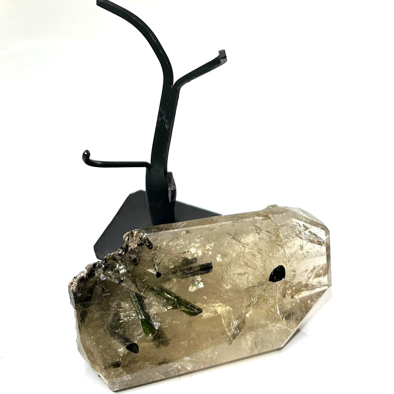 One of a Kind Tourmalinated Smokey Quartz  Partially Polished  Point with Stand-5 1/4 x 3 1/4"-NC7224