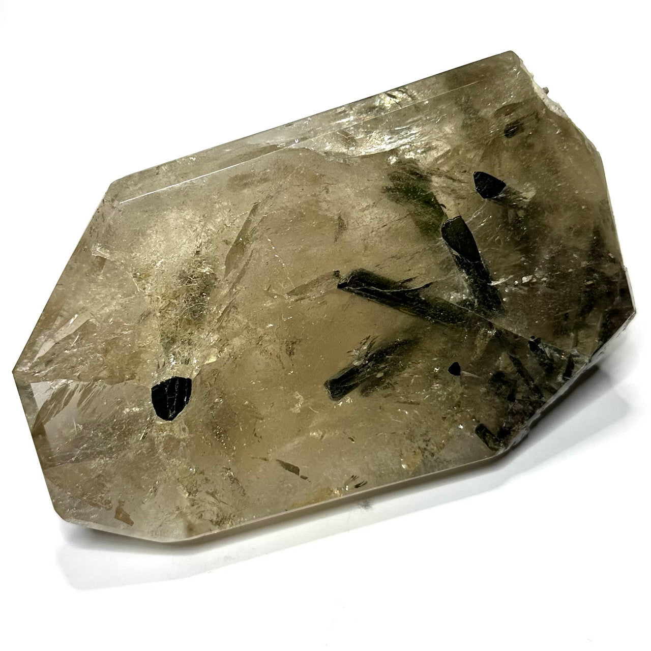 One of a Kind Tourmalinated Smokey Quartz  Partially Polished  Point with Stand-5 1/4 x 3 1/4"-NC7224