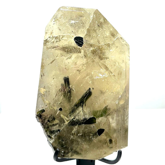 One of a Kind Tourmalinated Smokey Quartz  Partially Polished  Point with Stand-5 1/4 x 3 1/4"-NC7224