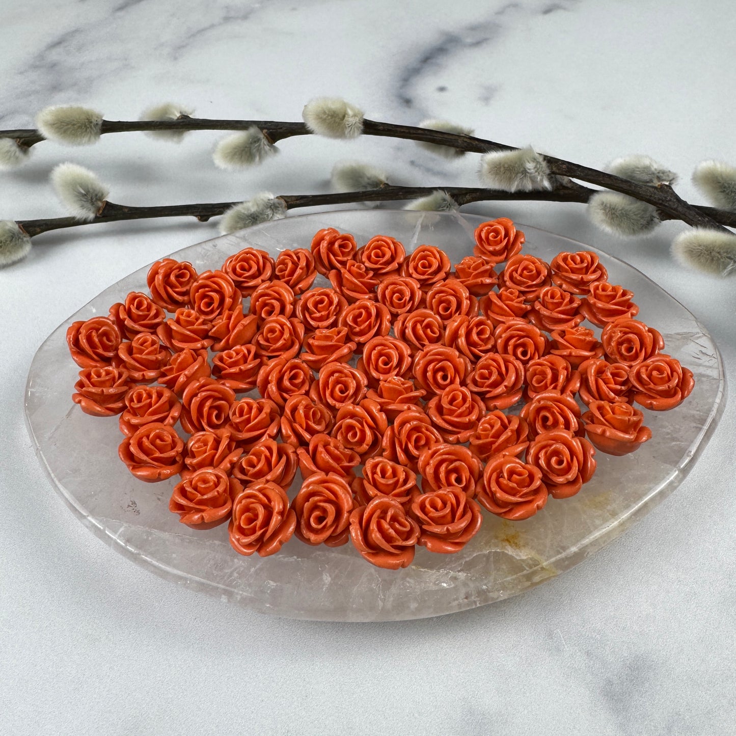 hand carved italian coral half drilled rose pairs in plate