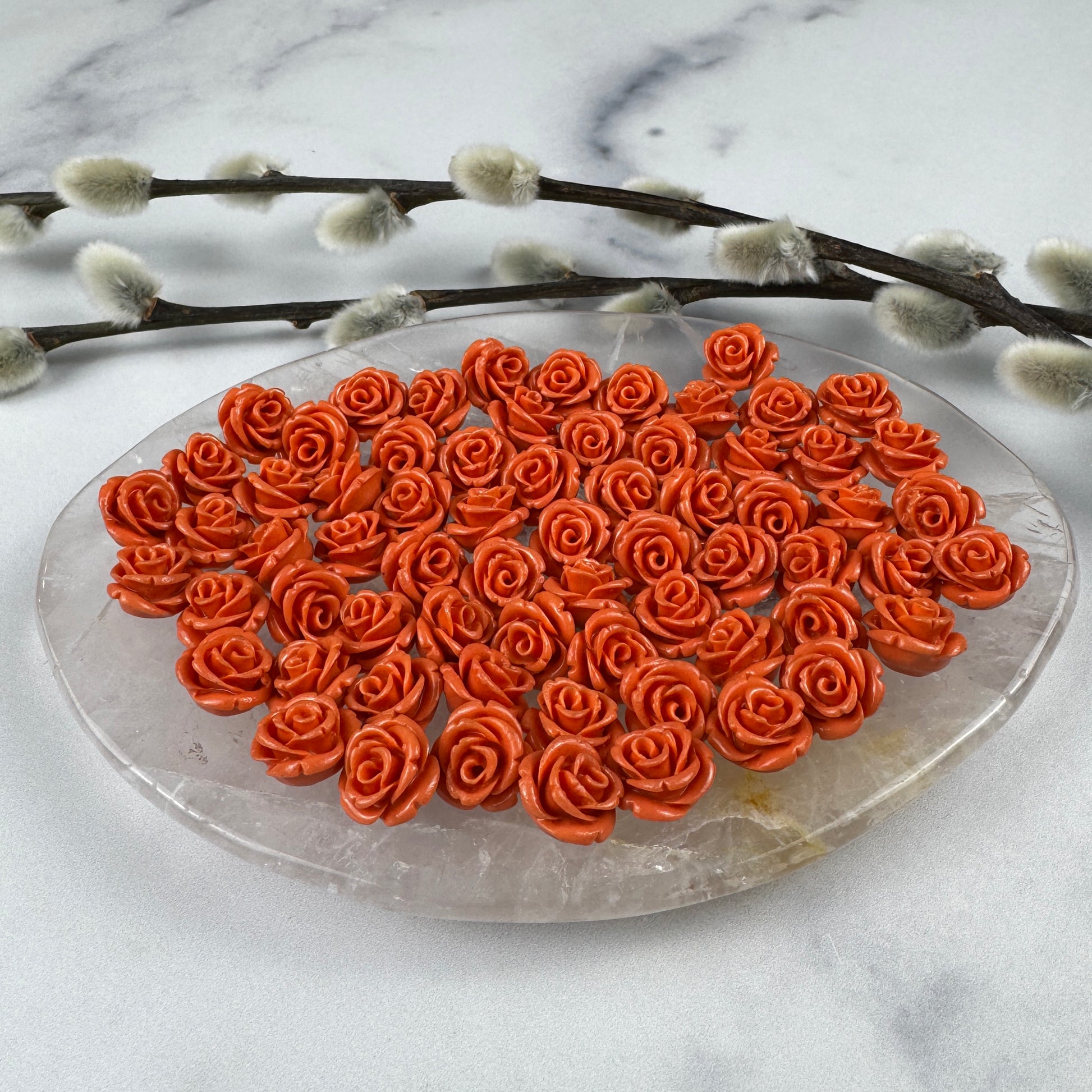 hand carved italian coral half drilled rose pairs in plate