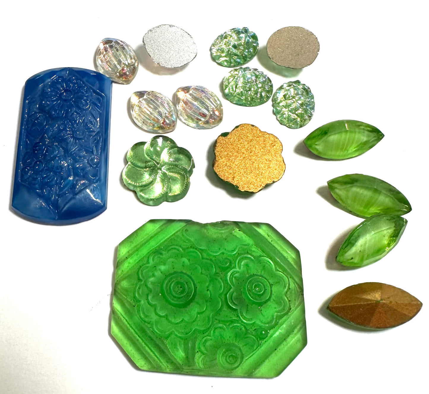 Vintage Glass Cabochon Collection with Green Foil Back Navettes West German Vintage Lot #VB116