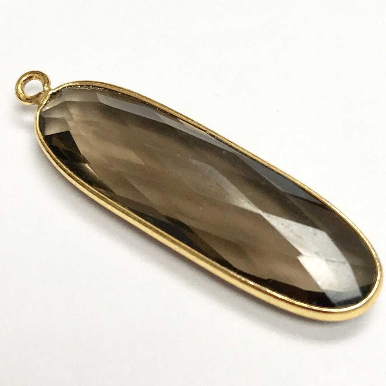 Faceted Smokey Quartz Vermeil Oval Bezeled Drop Focal Bead 35 x 10mm