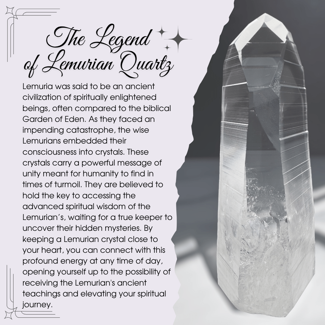 image of a lemurian quartz crystal with a legend describing
