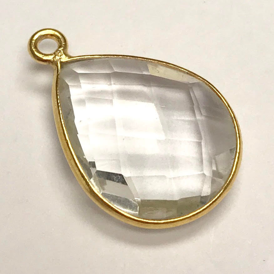 Faceted Crystal Quartz Vermeil Bezeled Drop Focal Bead 13 x 17mm