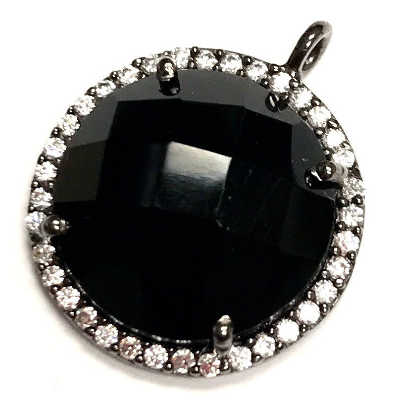 Faceted Black Onyx & CZ Gunmetal Drop Focal Bead 18mm