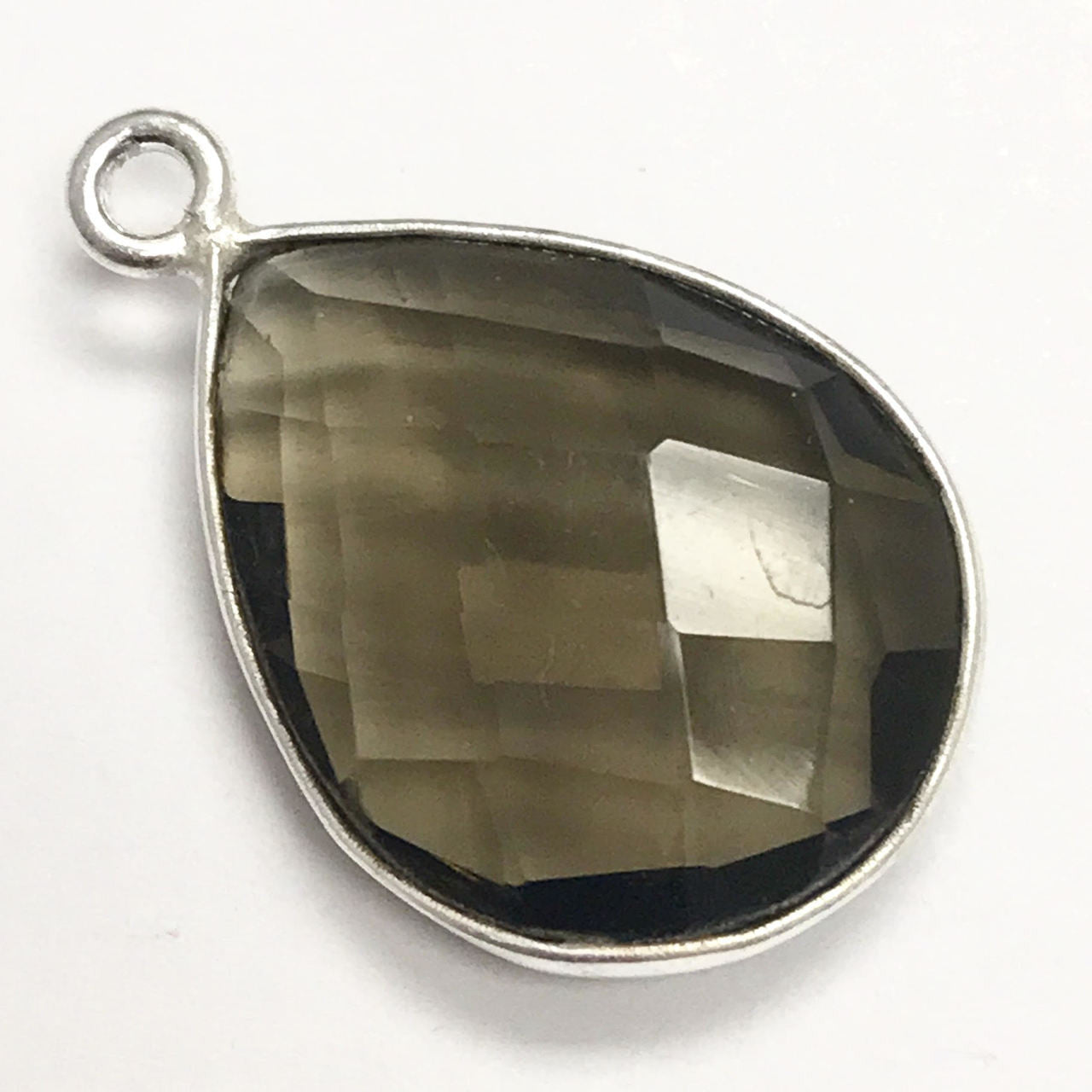 Faceted Smokey Quartz Silver Bezeled Drop Bead 13 x17mm