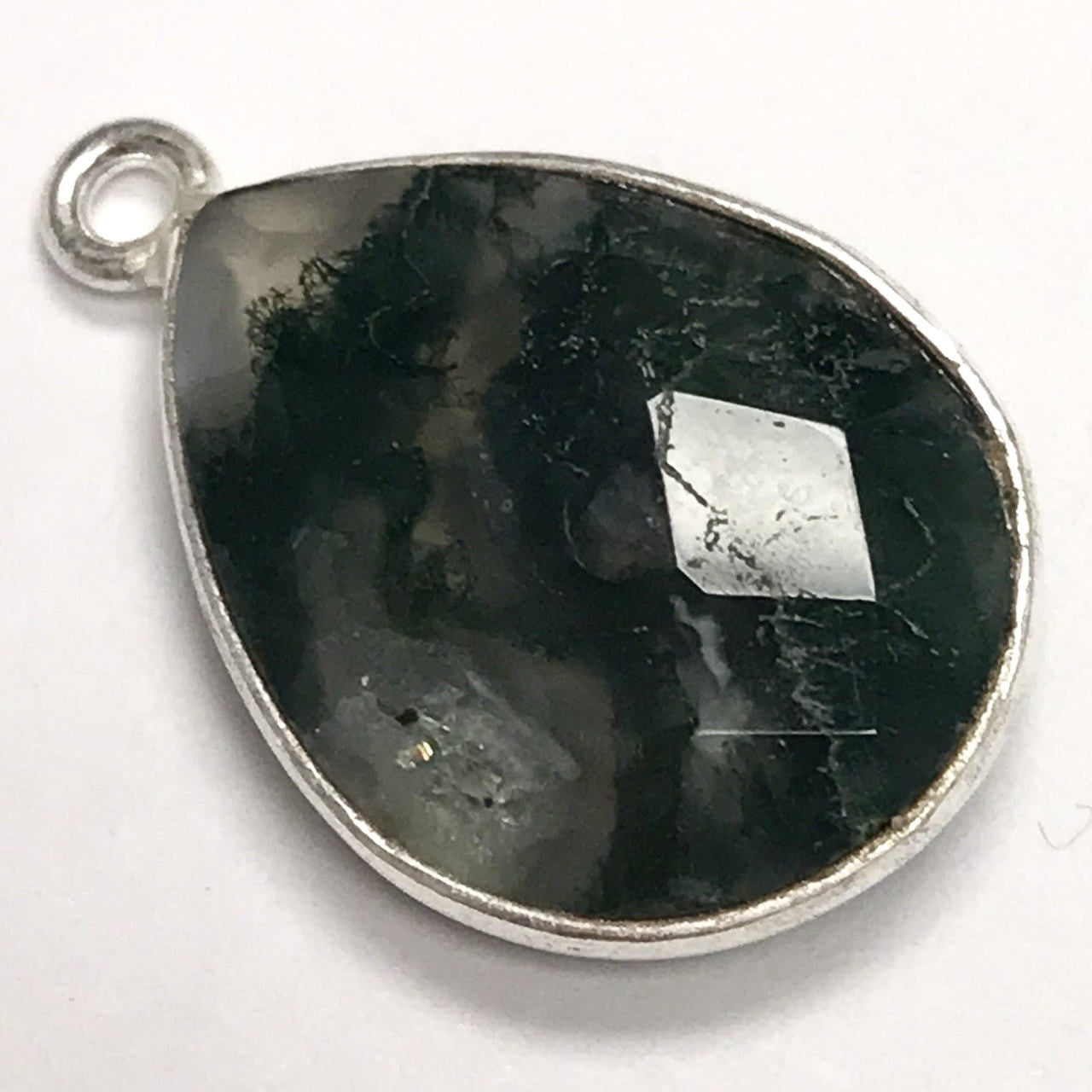 Faceted Moss Agate Silver Bezeled Drop Focal Bead 13 x 17