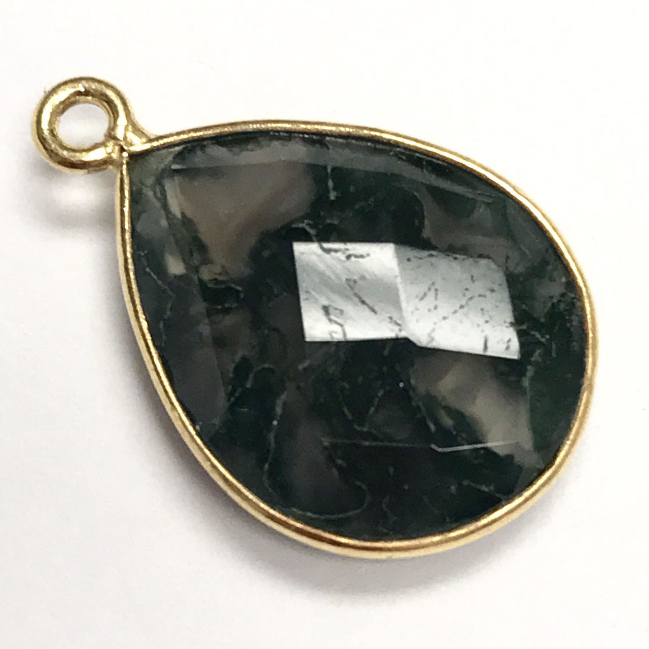 Faceted Moss Agate Vermeil Bezeled Drop Focal Bead 13 x 17mm