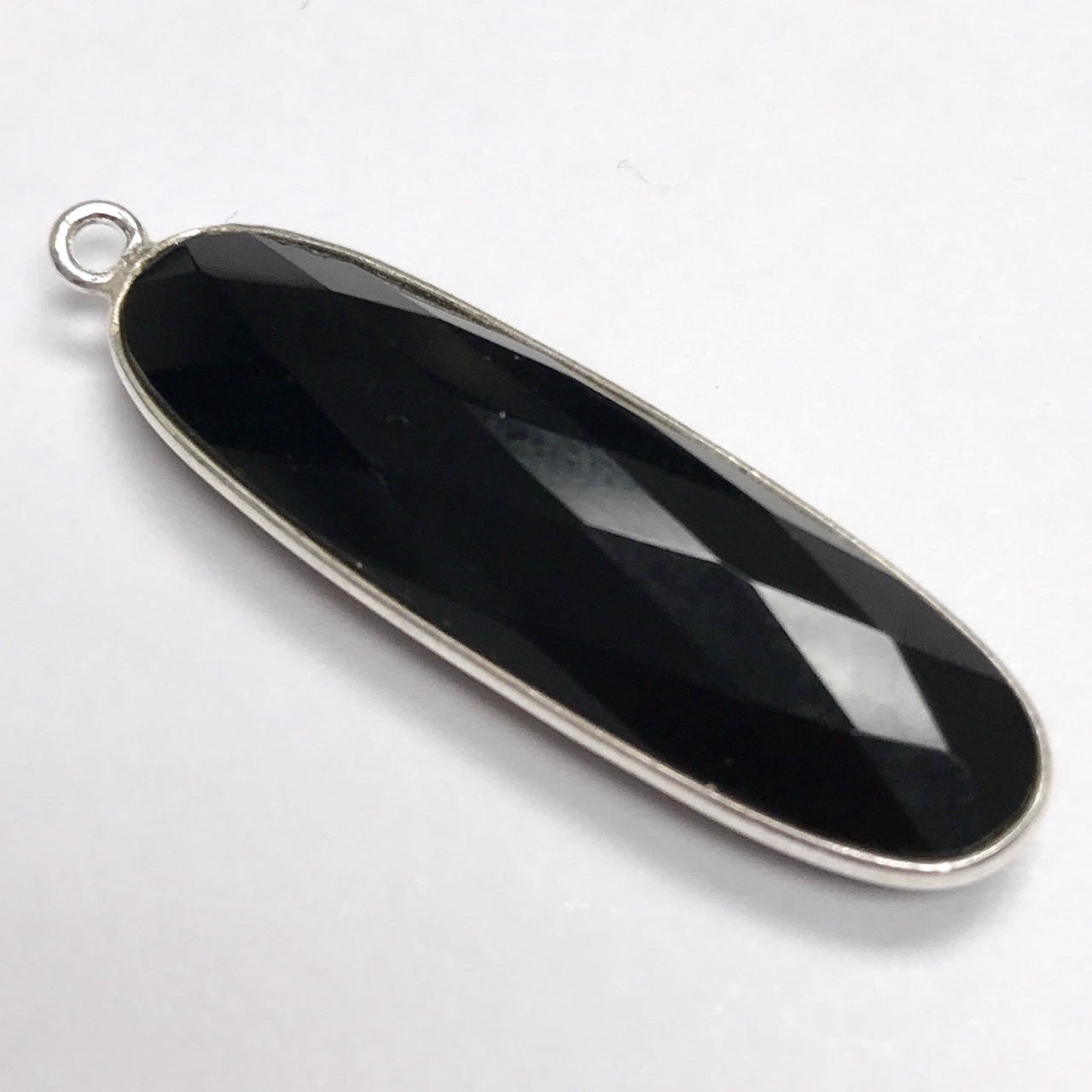 Faceted Black Onyx Silver Oval Bezeled Drop Focal Bead 35 x 10mm