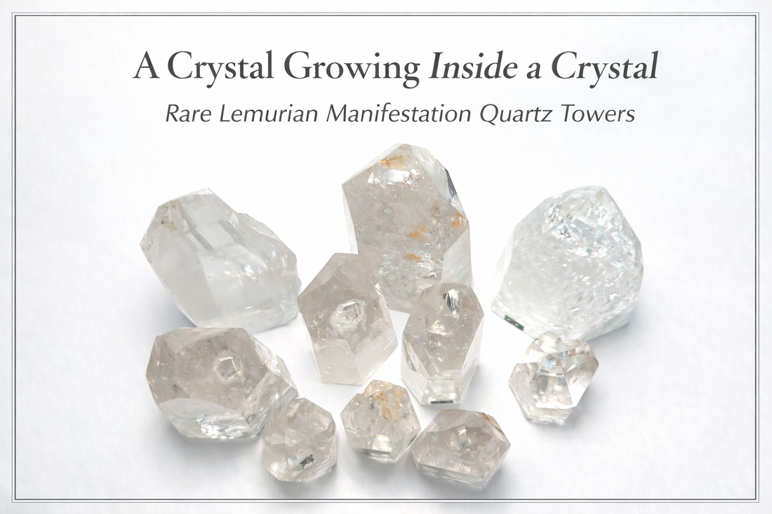 Lemurian manifestation quartz towers from Brazil featuring crystals growing inside the quartz.